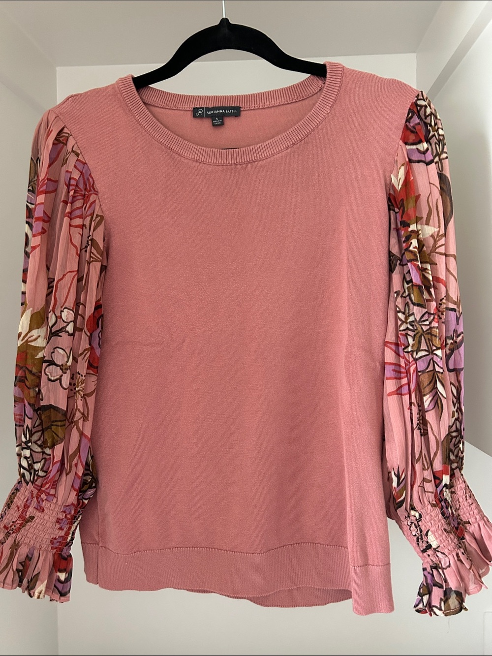 Adrianna Papell Dusty Rose Knit Top with Floral Pleated Sleeves